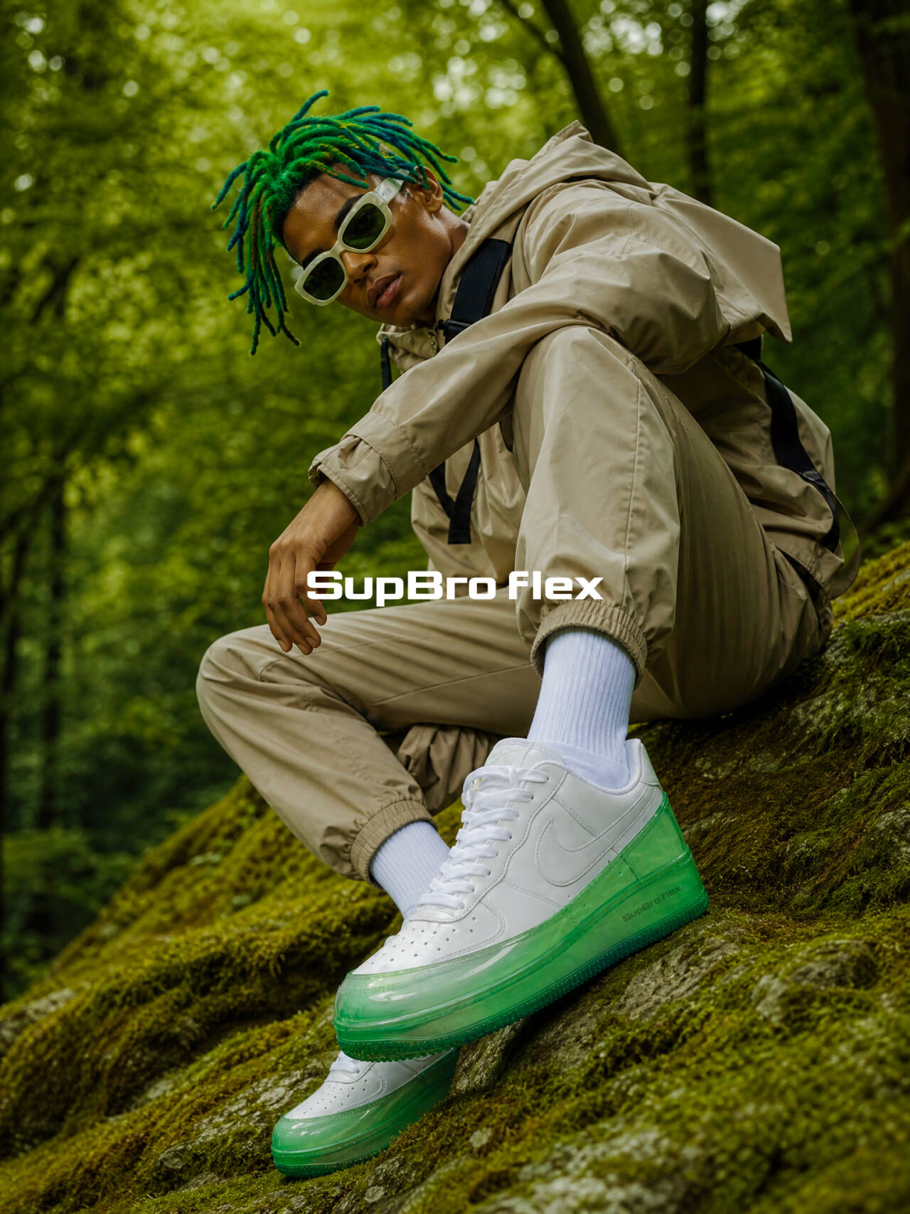 SUPBRO FLEX green campaign in a moss forest