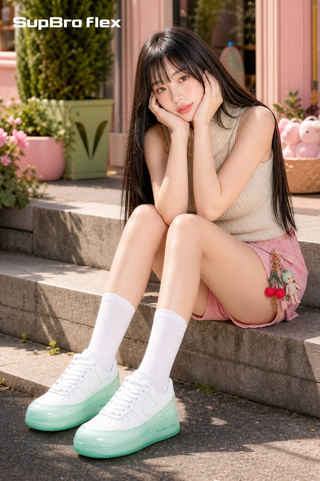 SUPBRO FLEX mint campaign on a pink garden street