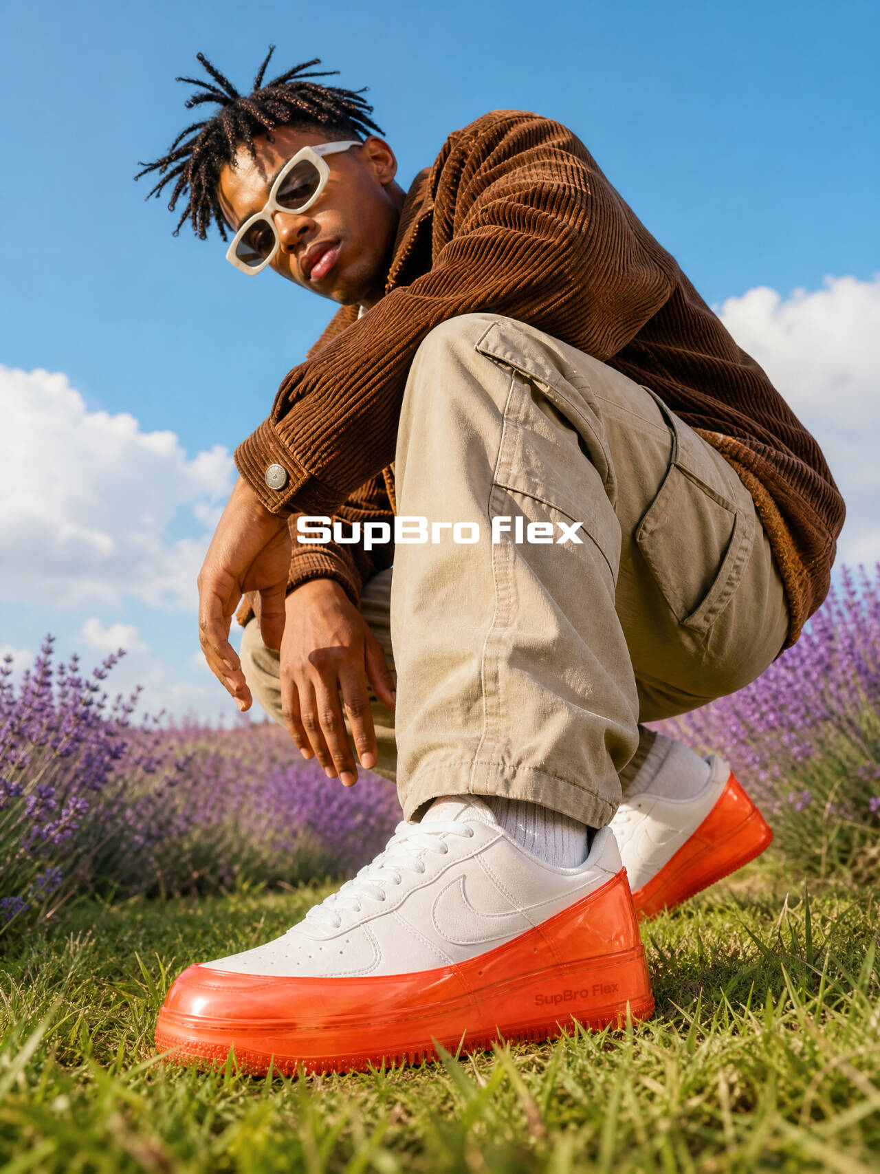 SUPBRO FLEX orange campaign in a lavender field