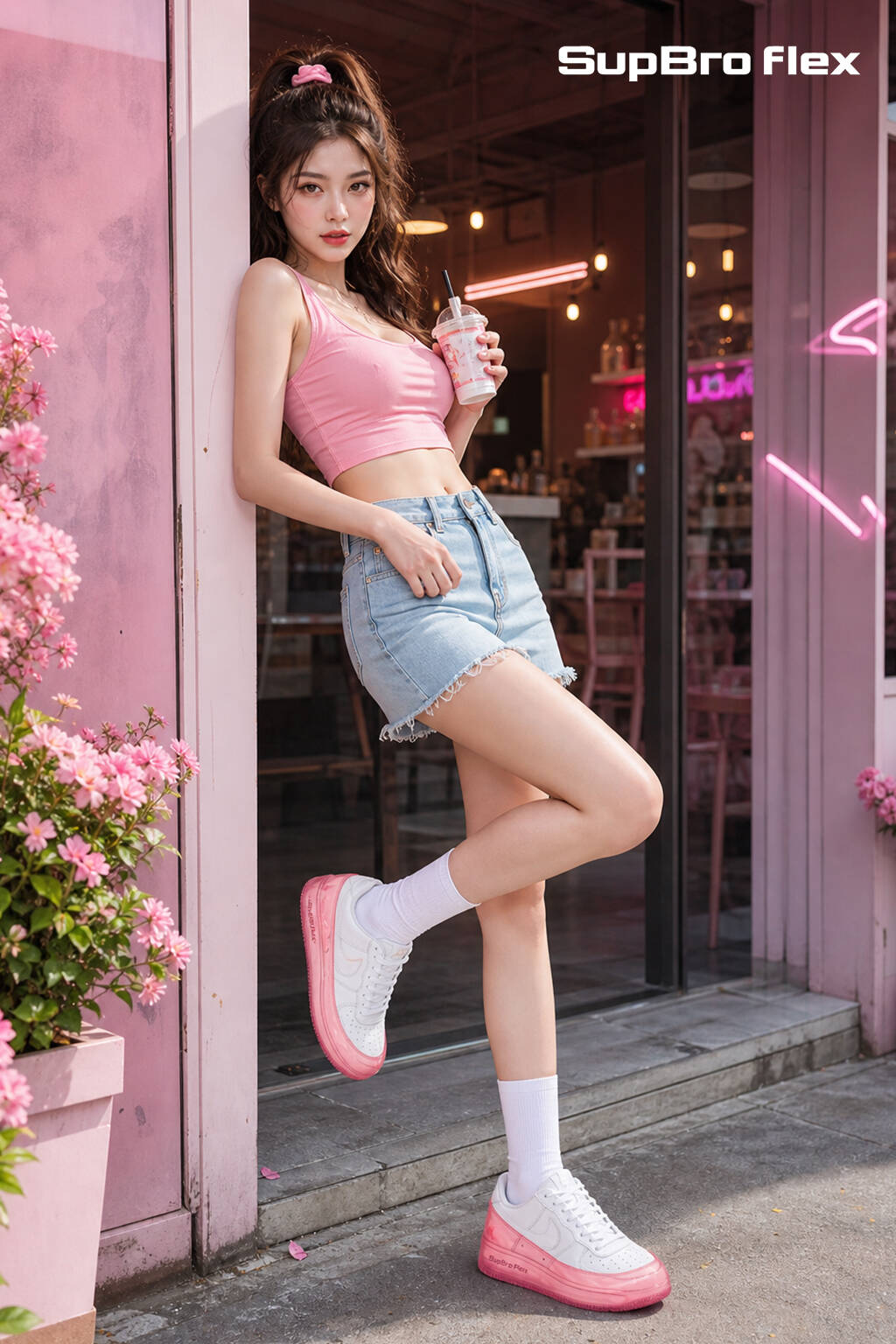SUPBRO FLEX pink lifestyle campaign outside a cafe