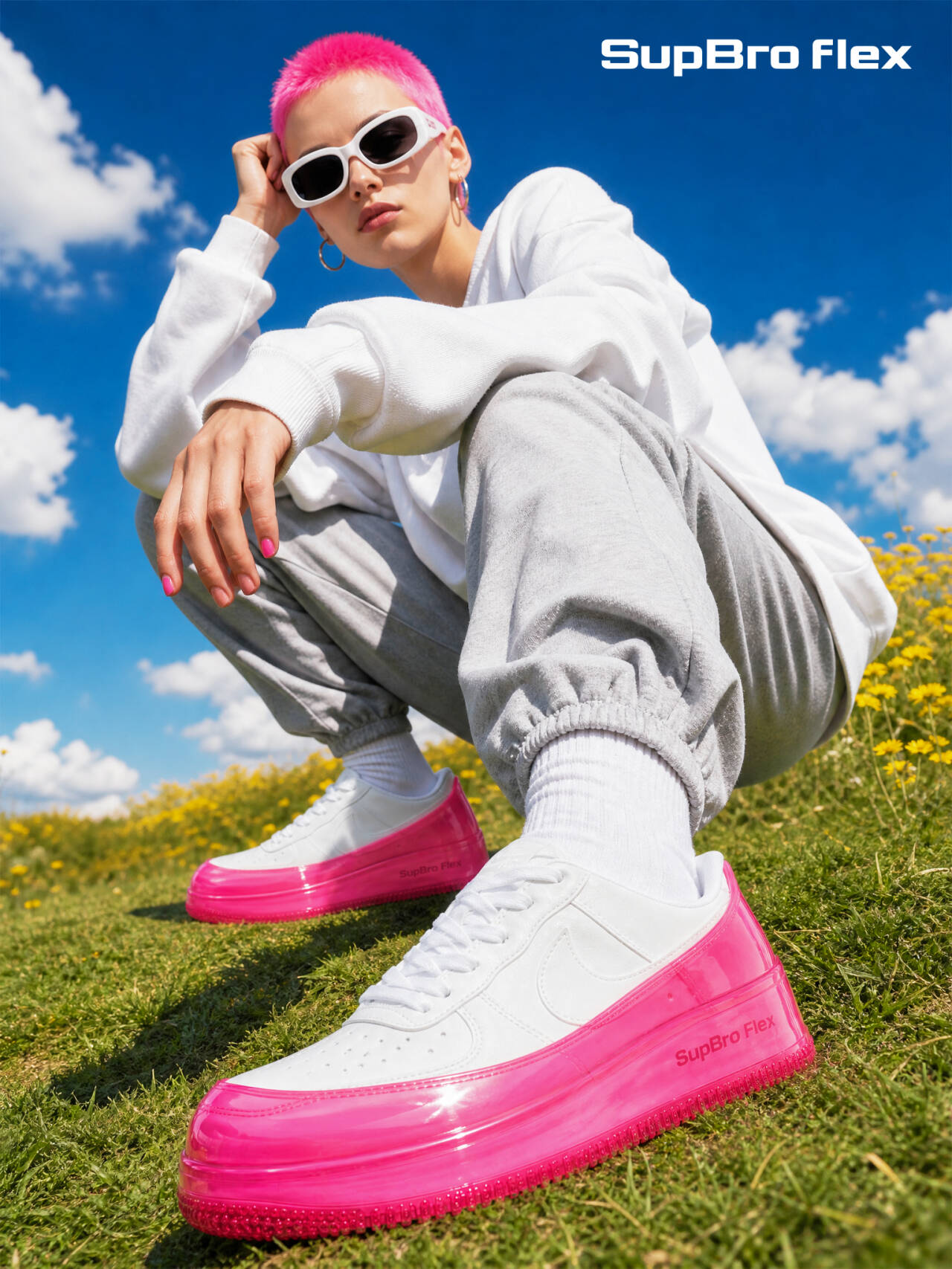 SUPBRO FLEX bright pink campaign under a blue sky