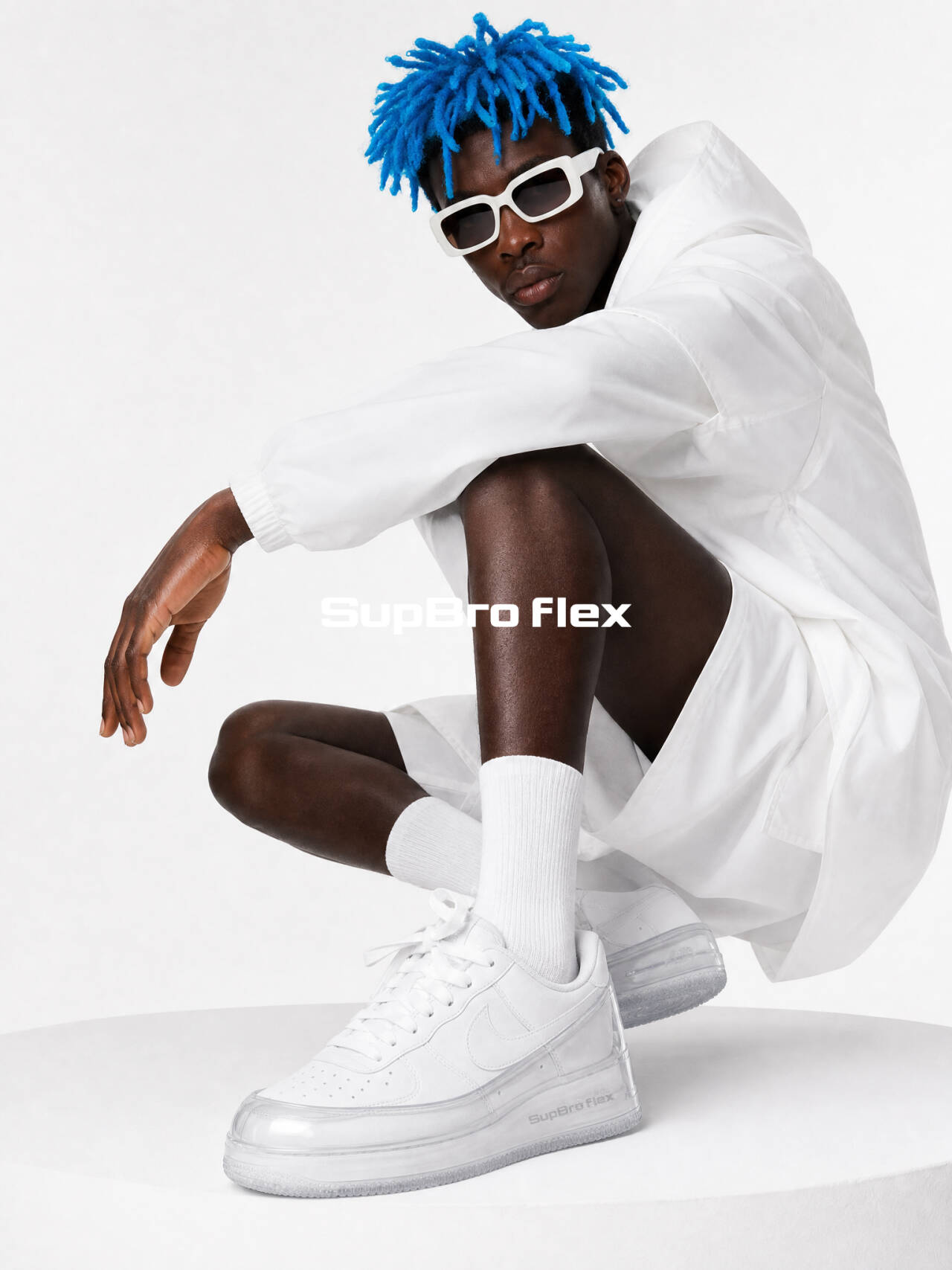 SUPBRO FLEX transparent shell campaign in a white studio